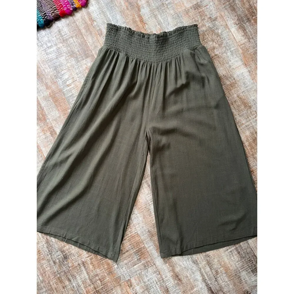 NWT Plus Size Green Stretchy Elastic Smocked Waistband Wide Leg Palazzo Pants 2X - Picture 3 of 7